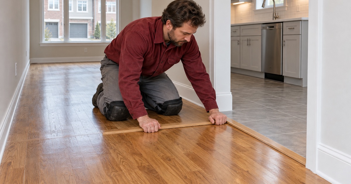 Worker pressing a flush oak reducer into place where refinished oak meets kitchen tile in an emptied Roswell townhouse.