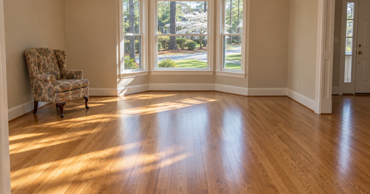Refinished oak floor running toward a sunlit bay window in the formal living room of a Roswell house.
