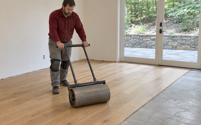 Worker pushing a heavy floor roller over engineered hardwood glued to concrete in the terrace-level room of a Roswell house.
