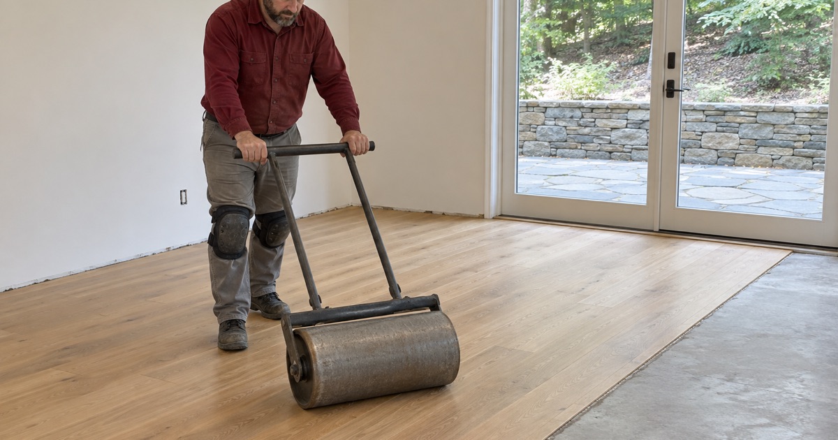 Worker pushing a heavy floor roller over engineered hardwood glued to concrete in the terrace-level room of a Roswell house.