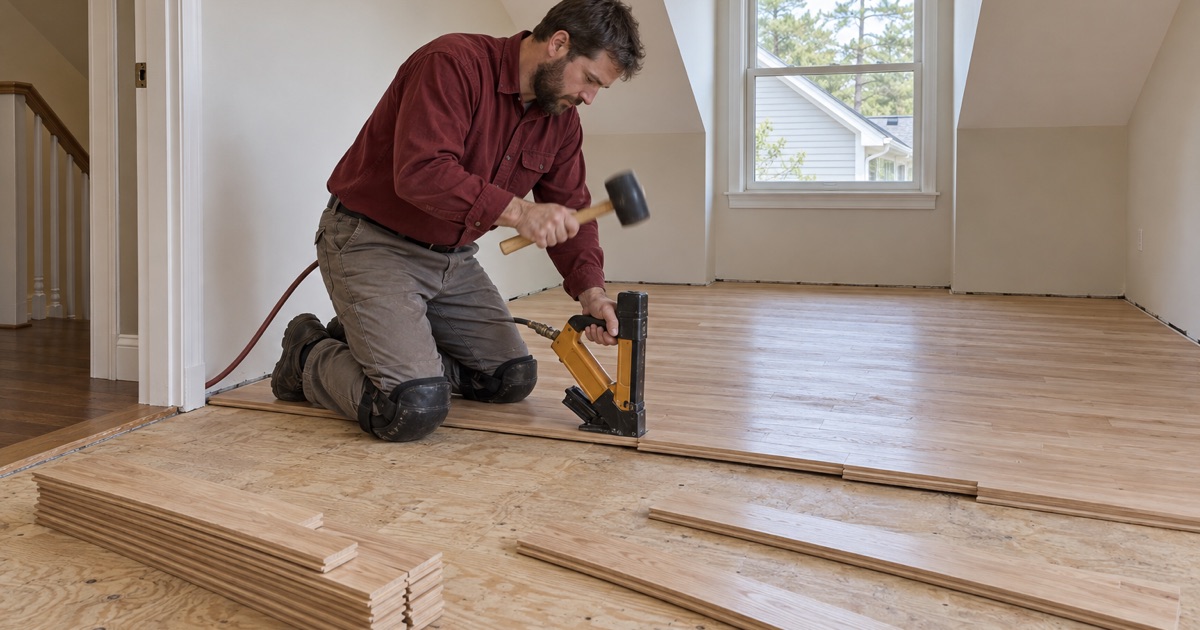 Worker striking a flooring nailer seated on the tongue edge of a solid oak board in the bonus room over the garage of a Roswell house.