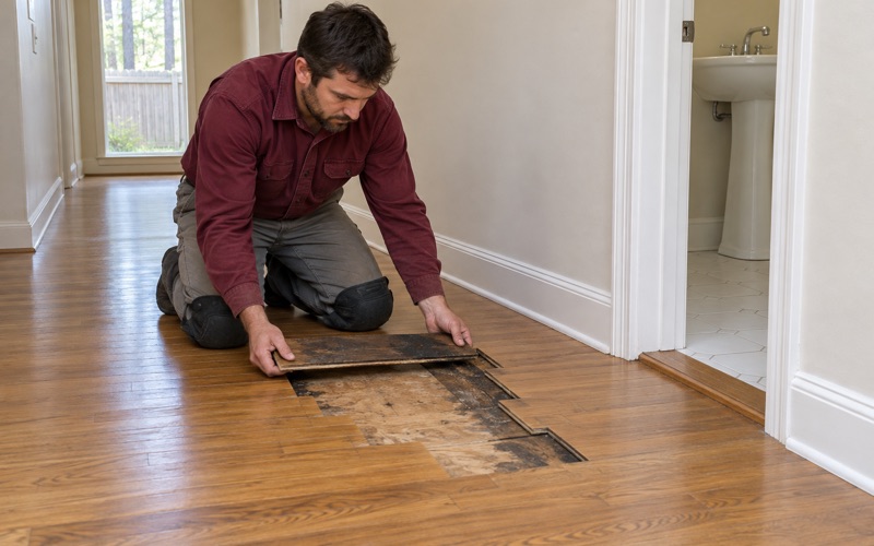 Worker lifting a stained oak board out of a staggered opening during a board-replacement repair in a Roswell hallway.