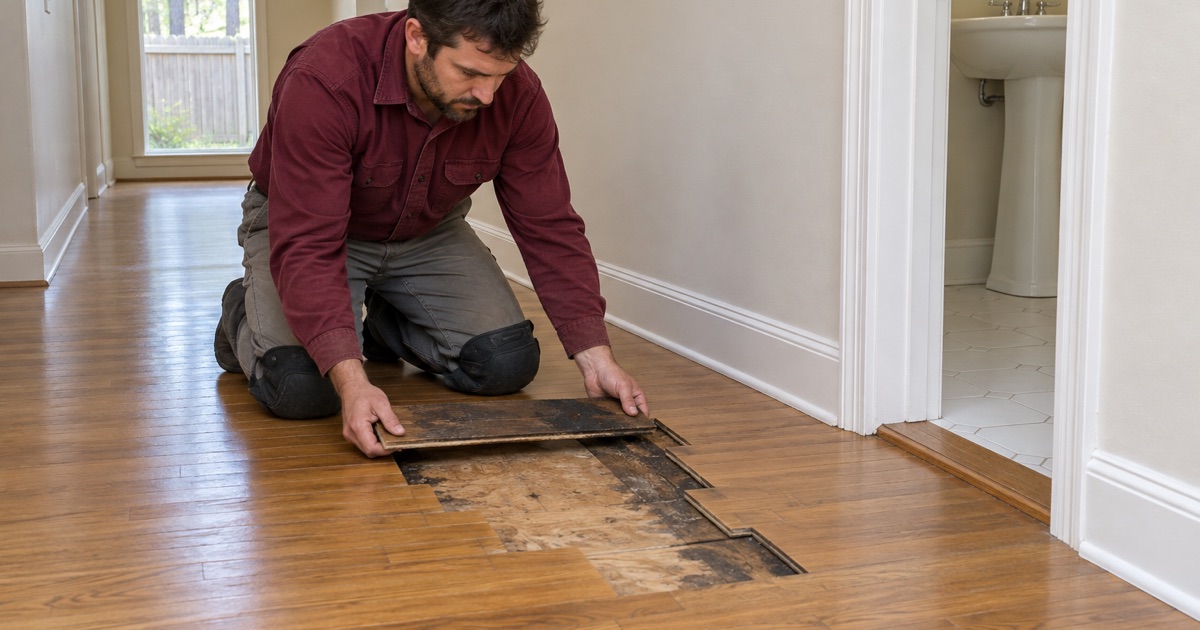 Worker lifting a stained oak board out of a staggered opening during a board-replacement repair in a Roswell hallway.