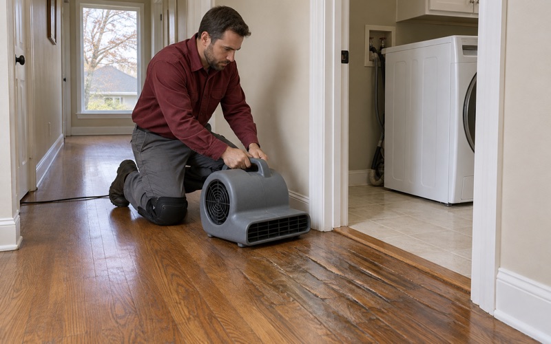 Worker setting an air mover to dry cupped oak flooring at a laundry room doorway in a Roswell house after a leak.