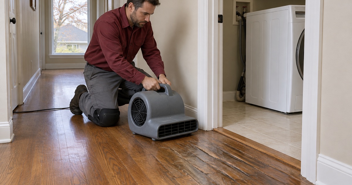 Worker setting an air mover to dry cupped oak flooring at a laundry room doorway in a Roswell house after a leak.