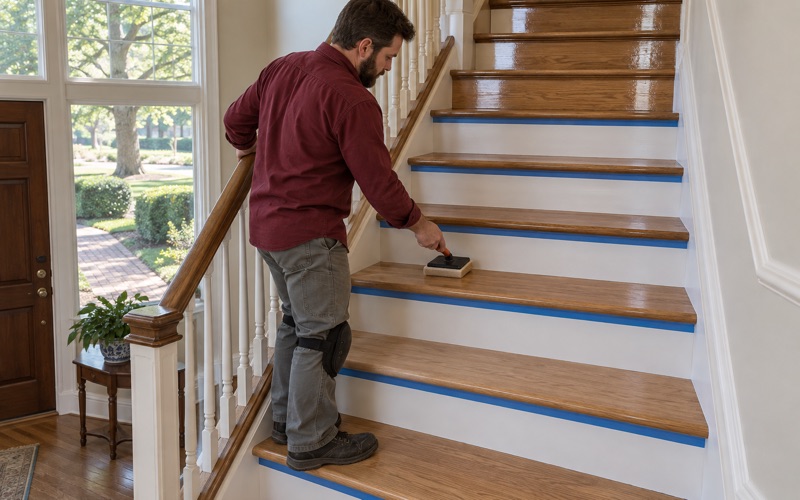 Worker applying clear finish to sanded oak stair treads, working down the staircase of a Roswell house.