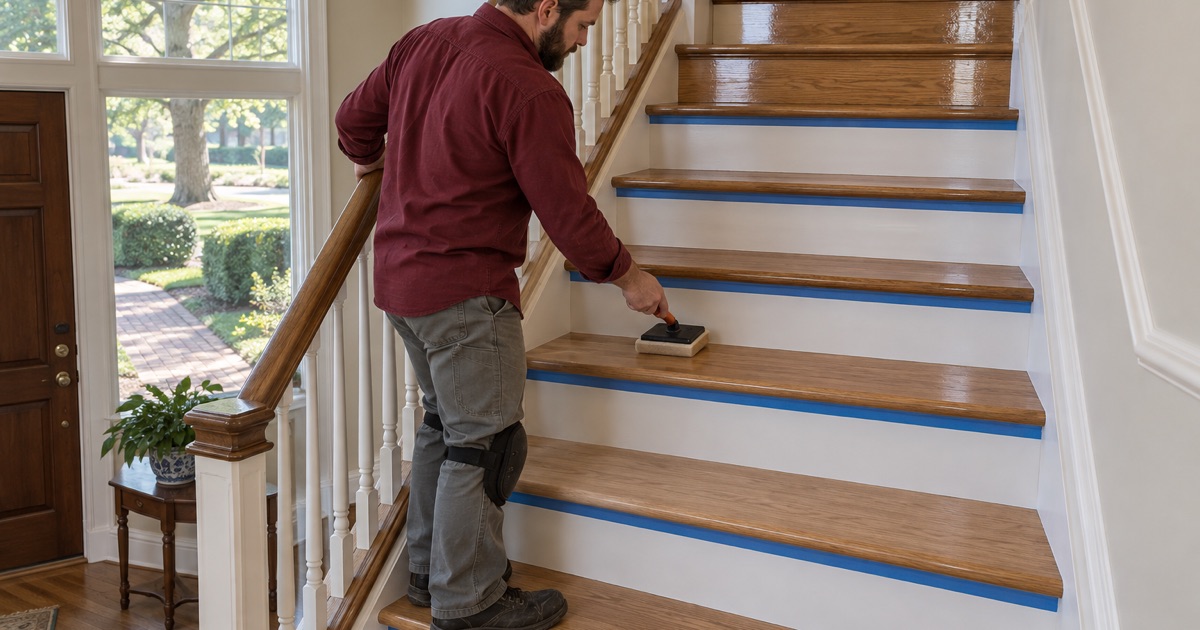 Worker applying clear finish to sanded oak stair treads, working down the staircase of a Roswell house.