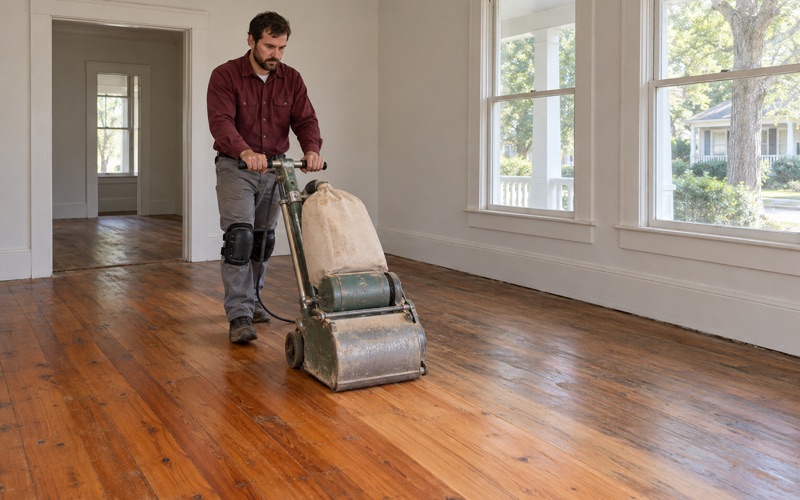 Worker pushing a drum sander along wide old heart pine boards in the front room of an older Roswell house.