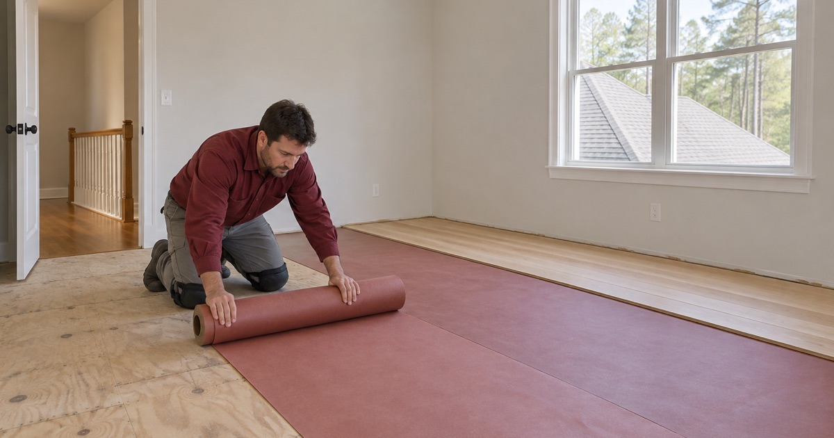 Worker unrolling red rosin paper over the plywood subfloor ahead of new white oak rows in a Roswell bedroom.