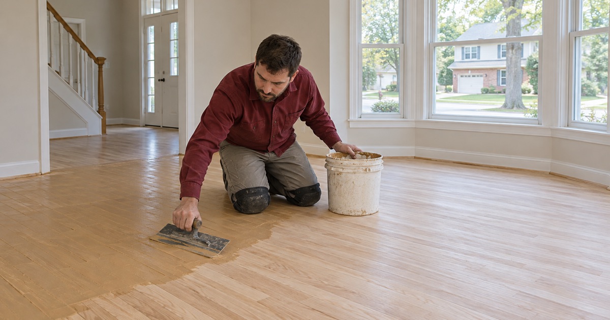 Worker trowel-filling the gaps across sanded 1980s oak strip flooring in a Roswell living room before it is refinished.