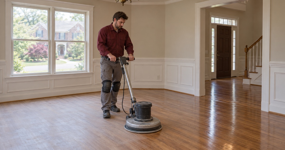 Worker running a floor buffer with a screening pad over dull, sound oak in the formal dining room of a Roswell house.