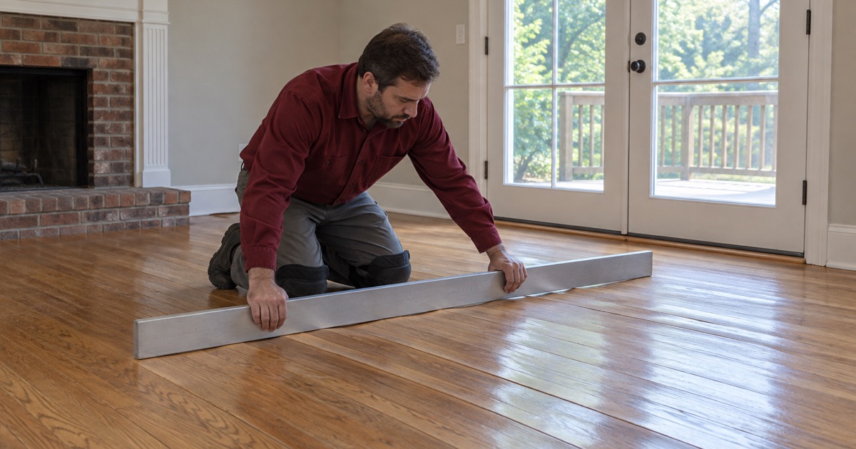 Worker holding a straightedge across humidity-cupped oak boards in the keeping room of a Roswell house, light showing under its middle.