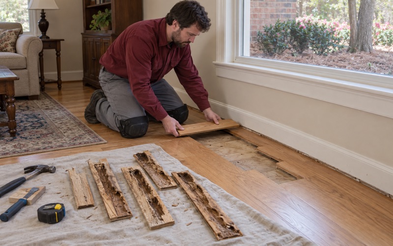 Worker lowering a new oak board into the opening left by termite-damaged boards, cut out after treatment in a Roswell house.