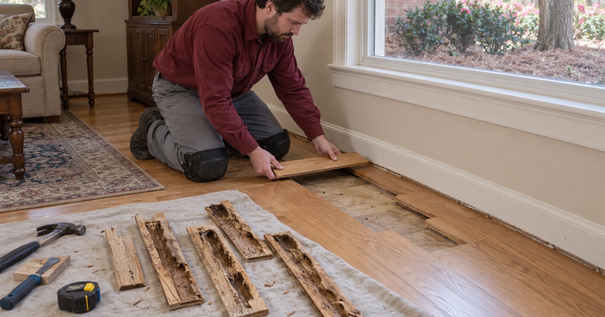 Worker lowering a new oak board into the opening left by termite-damaged boards, cut out after treatment in a Roswell house.