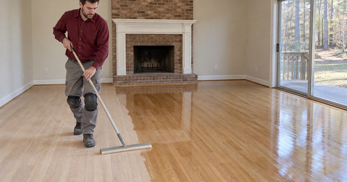 Worker walking backwards while spreading clear finish with a T-bar applicator across sanded oak in the family room of a Roswell house.