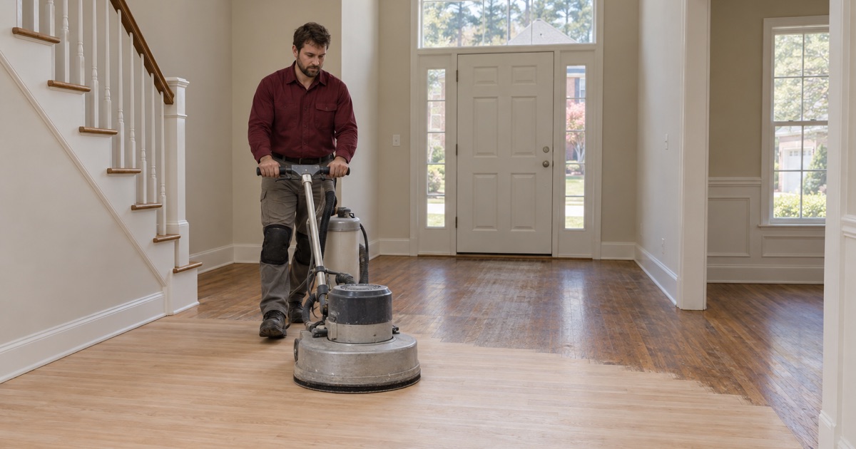 Worker guiding a planetary floor sander across red oak strip flooring in the two-story foyer of a 1980s Roswell house.